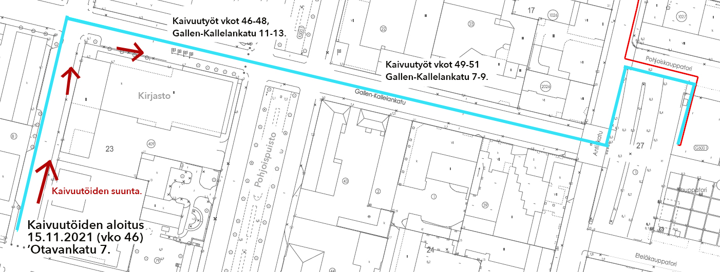 Karttakuva kaukoviilennyksen kaivuutöistä