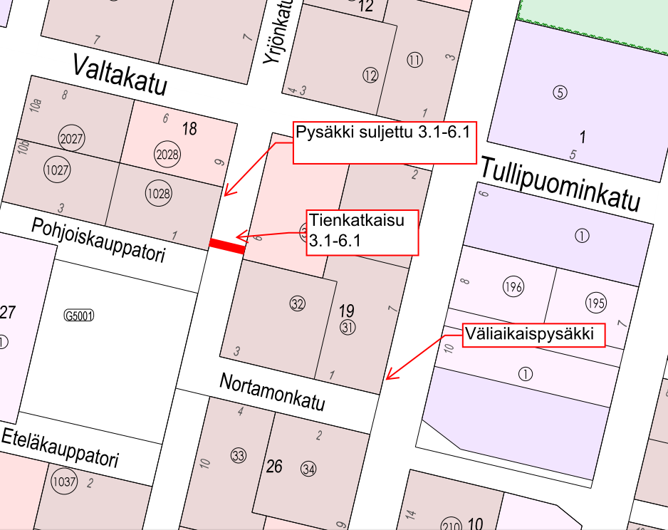 kartta Yrjönkadun siirrettävästä linja-autopysäkistä